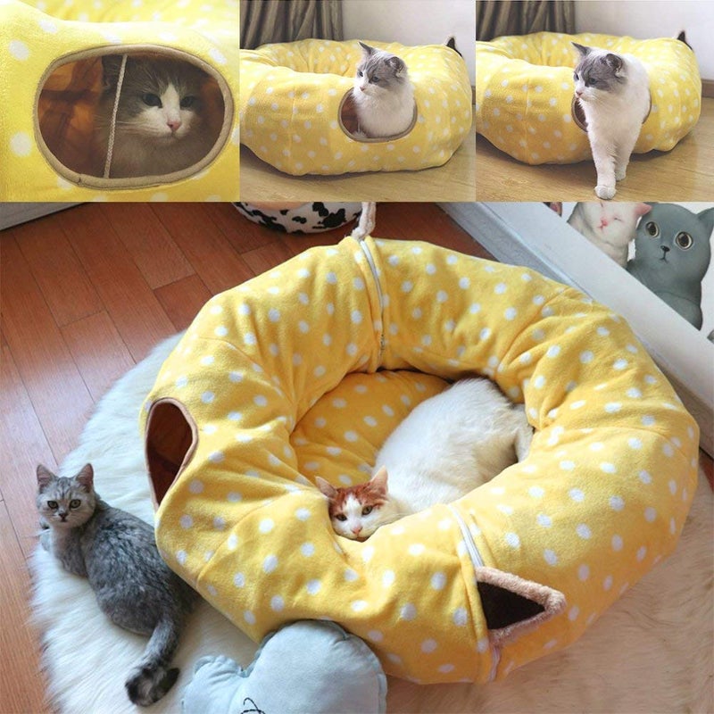 AUOON Cat Tunnel Bed - Christmas Tree Cat Tunnel, Cat Donut Tunnel with Soft Plush Circle Cushion for Indoor Cats Kitten Kitty Puppy Rabbit Ferret (Yellow) - Image 5